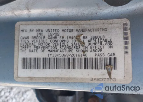 1993 Geo Prizm Lsi from USA, damaged, VIN 1Y1SK5363PZ018140